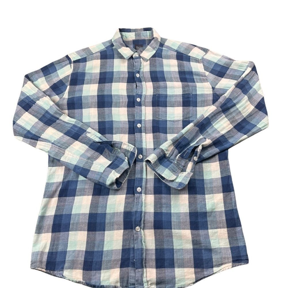Saks Fifth Avenue Shirt Mens‎ Medium Blue Plaid Slim Long Sleeve Button Down